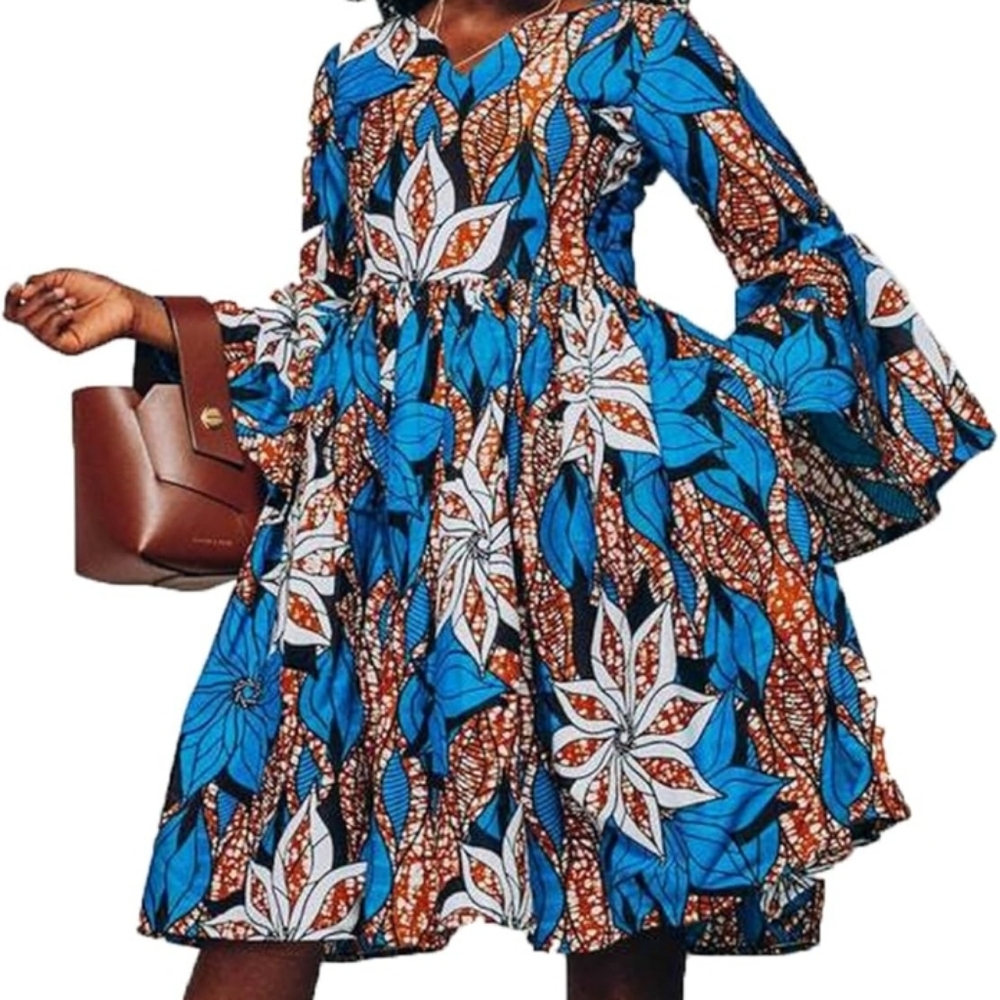 Floral Blue and Brown Women's Dress